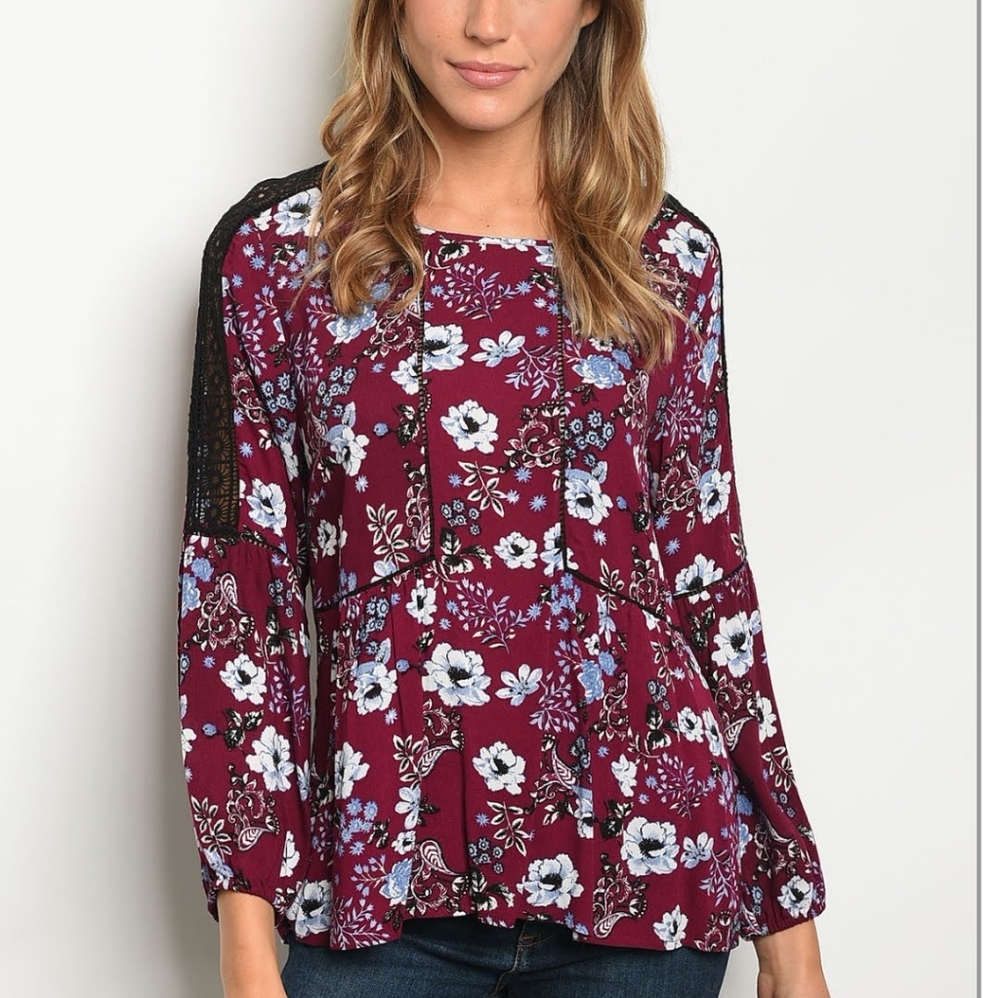 Purple Floral Long Sleeve Lace Detail Top, Size S